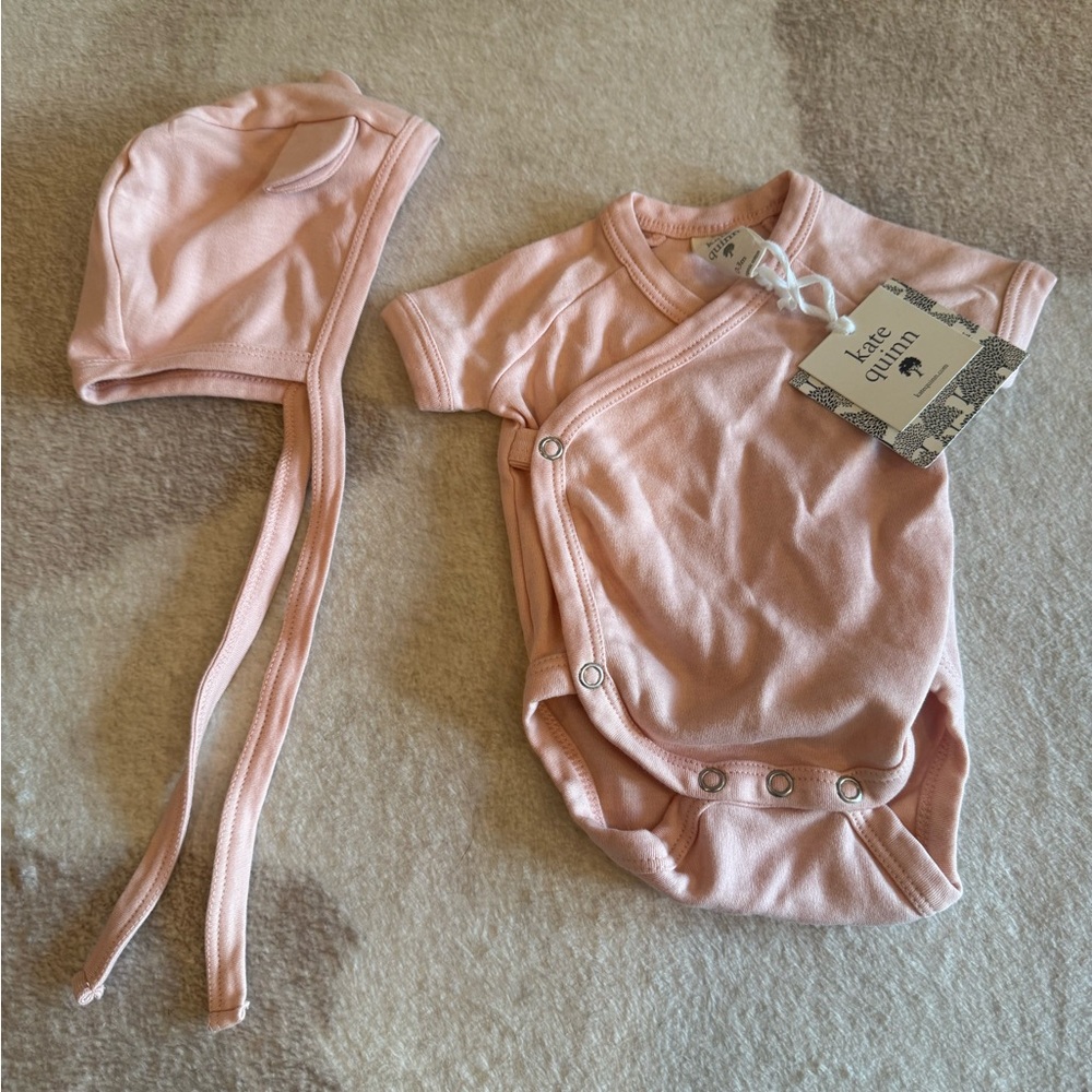 Kate Quinn Blush pink kimono style onsie and matching cat ear bonnet